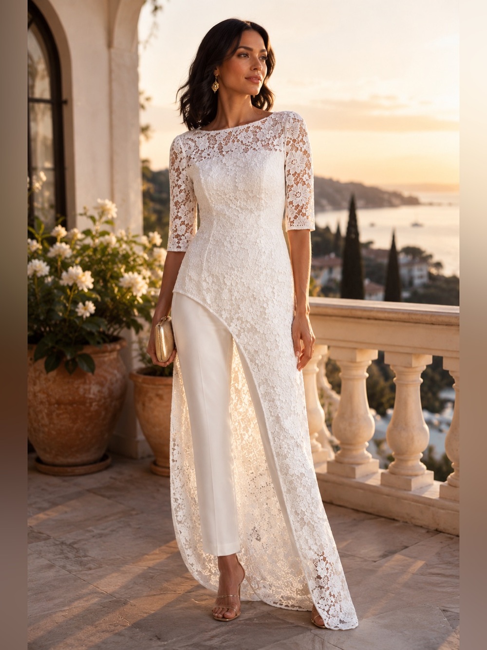Kay Unger White Lace Overlay Jumpsuit Size 6 Formal Wedding Guest NWT